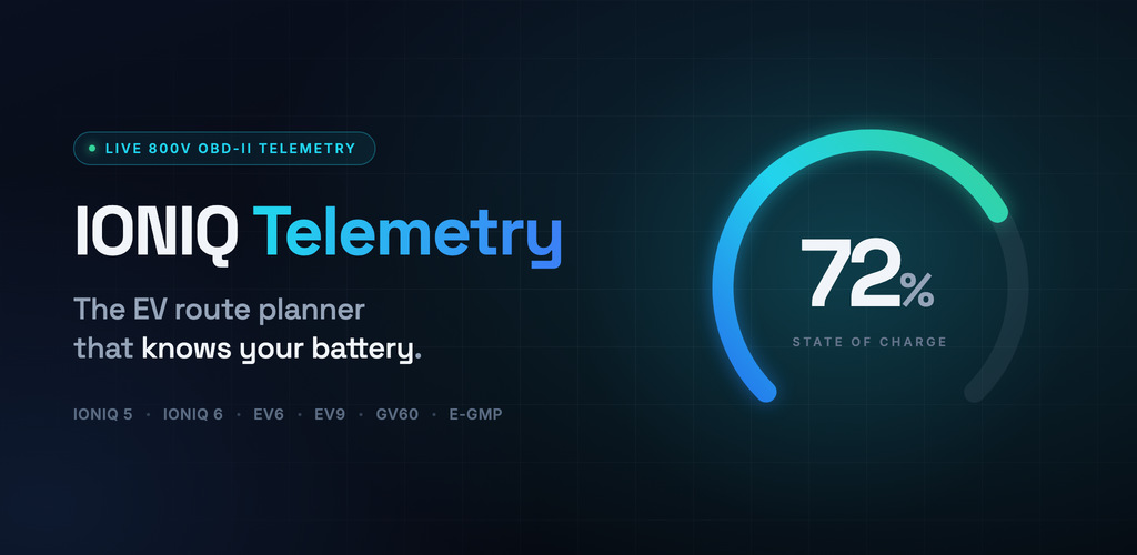 IONIQ Telemetry — the EV route planner that knows your battery. Live 800V OBD-II telemetry for IONIQ 5, IONIQ 6, EV6, EV9 and GV60.