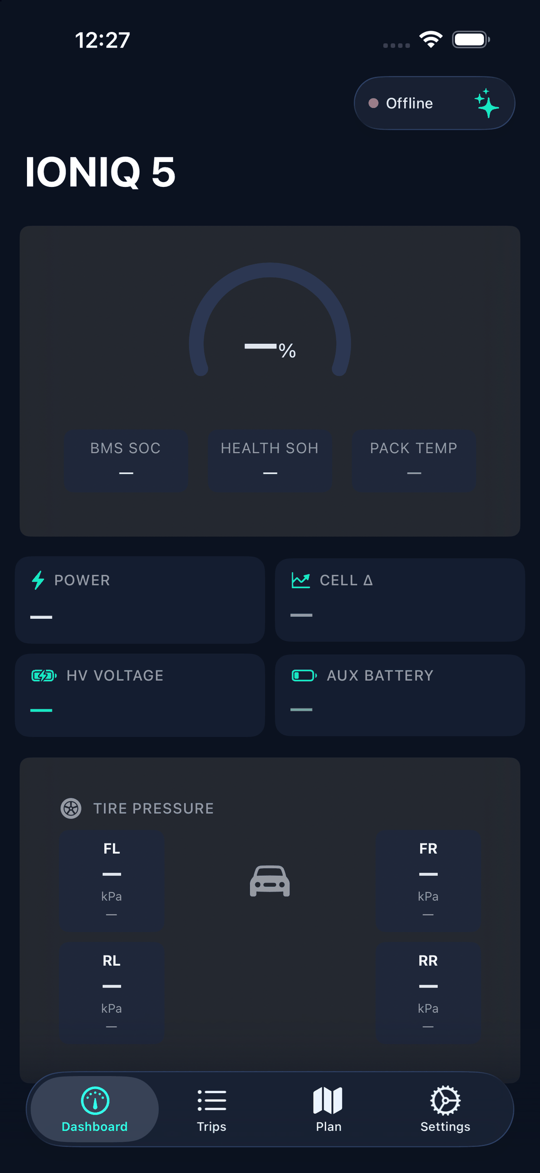 Dashboard with live battery SOC, power, HV voltage, cell variance, 12V status and tyre pressures