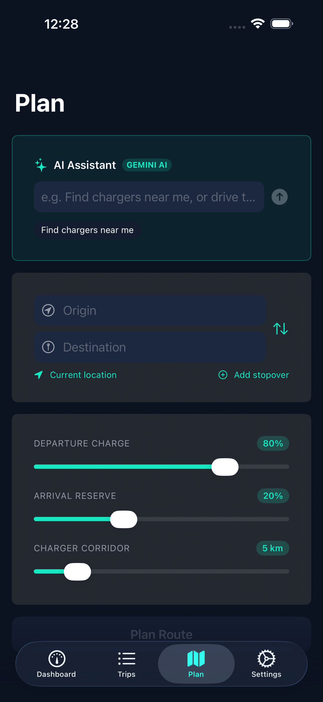 Trip planner with route endpoints, battery state and arrival reserve