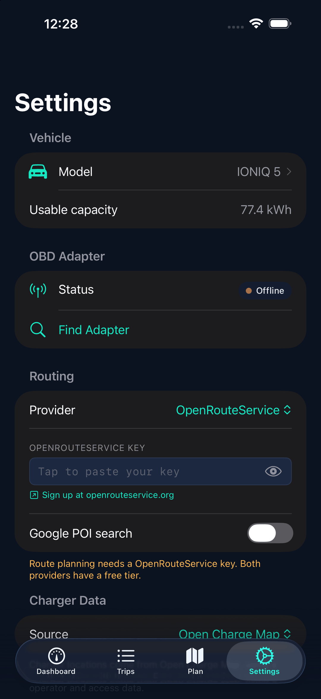 Settings with OBD adapter connection, vehicle profile and theme options