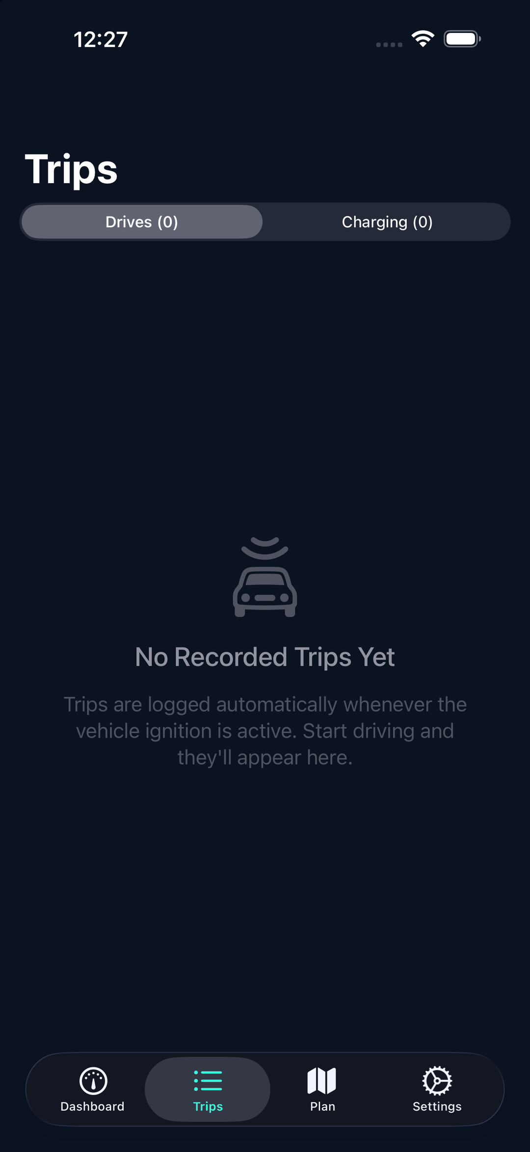 Trip history showing automatically logged drives and charging sessions