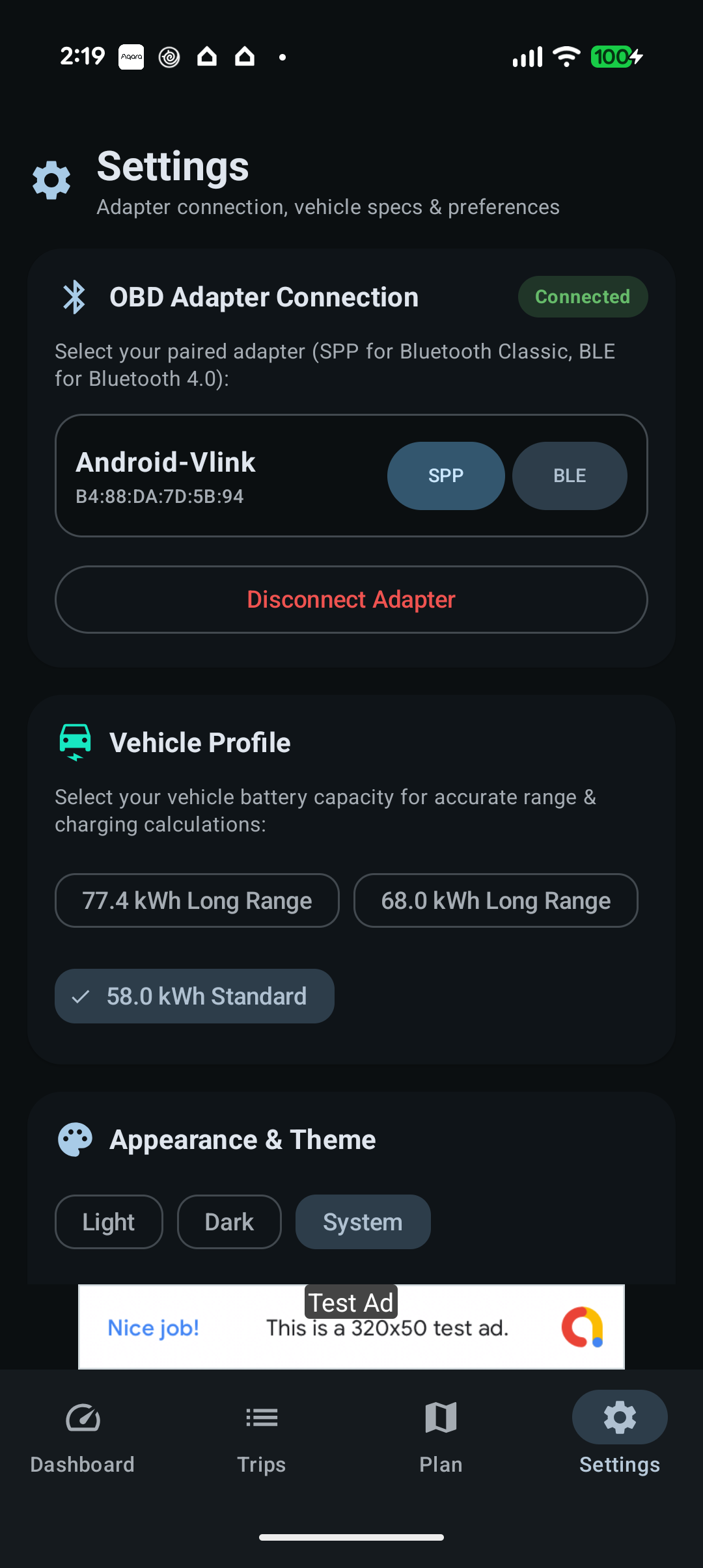 IONIQ Telemetry Settings Screen